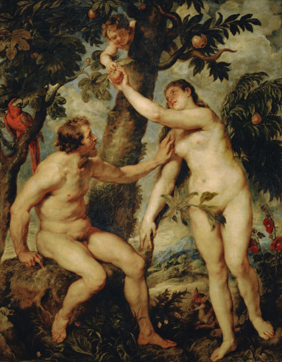 アダムとイブが禁断の果実を口にしイチジクの葉で性器を隠す羞恥心の萌芽の瞬間の画